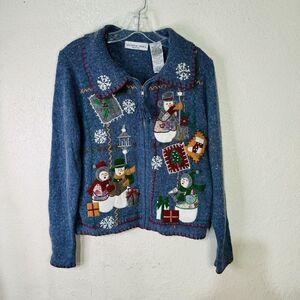 Victoria Jones Petite Christmas Sweater‎ Women's Size PM Full Zip Snowmen Blue